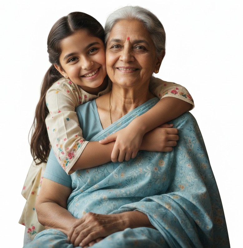 Happy senior with family using hearing aid - Prithvi Hearing Systems